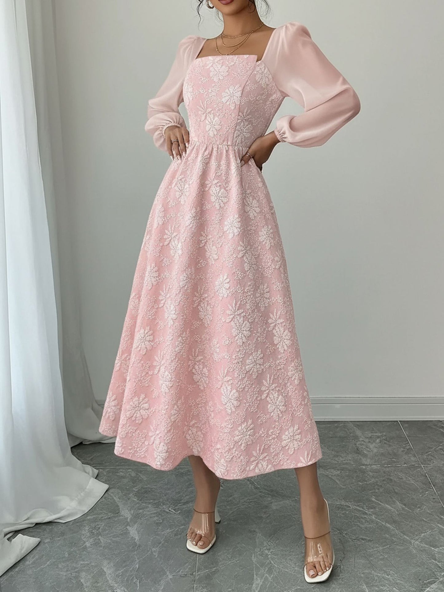 Floral Jacquard Chiffon Puff Sleeves Smocked Back A-Line Dress