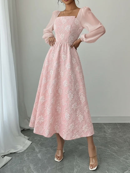 Floral Jacquard Chiffon Puff Sleeves Smocked Back A-Line Dress
