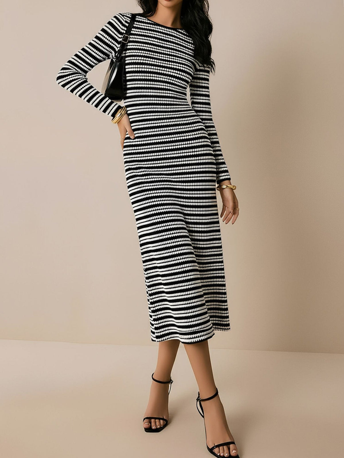 Striped Round Neck Thick Knitted Below-the-knee Dress