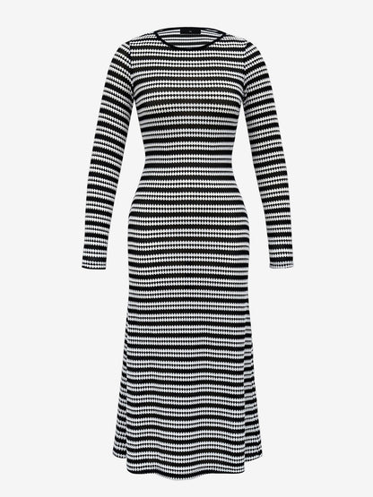 Striped Round Neck Thick Knitted Below-the-knee Dress