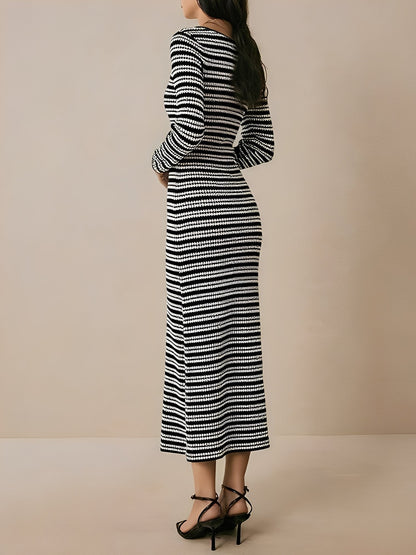 Striped Round Neck Thick Knitted Below-the-knee Dress