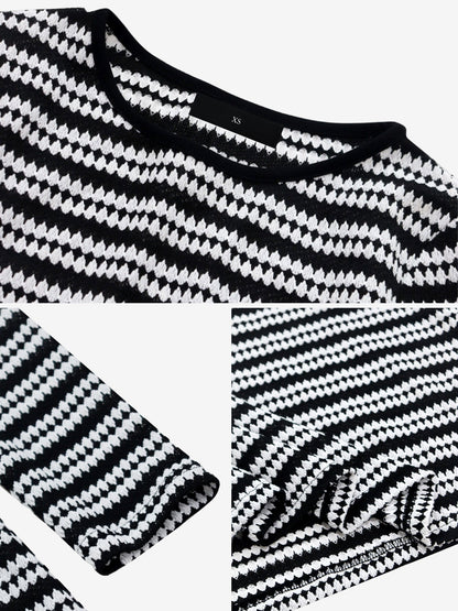 Striped Round Neck Thick Knitted Below-the-knee Dress