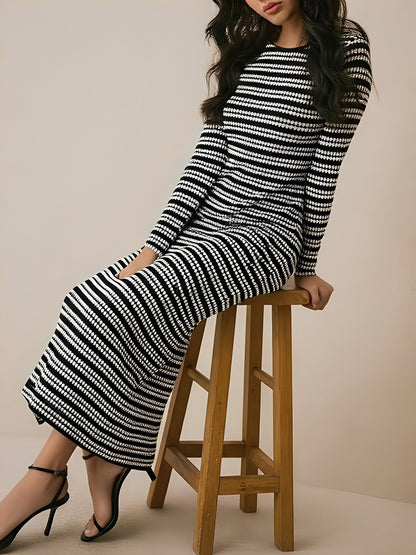 Striped Round Neck Thick Knitted Below-the-knee Dress
