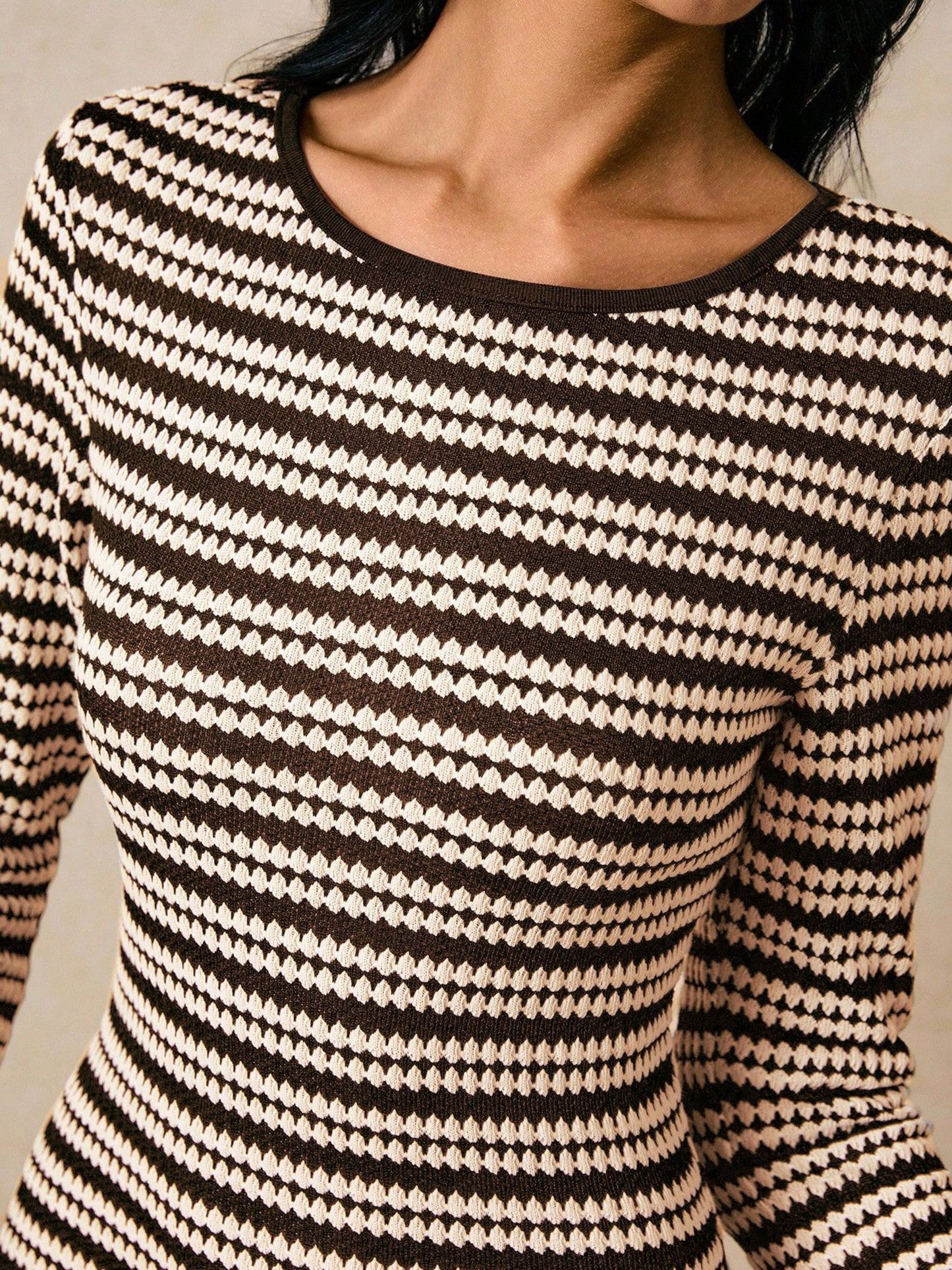 Striped Round Neck Thick Knitted Below-the-knee Dress