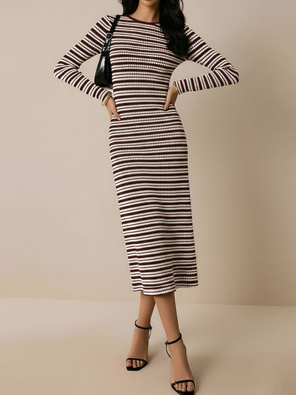 Striped Round Neck Thick Knitted Below-the-knee Dress