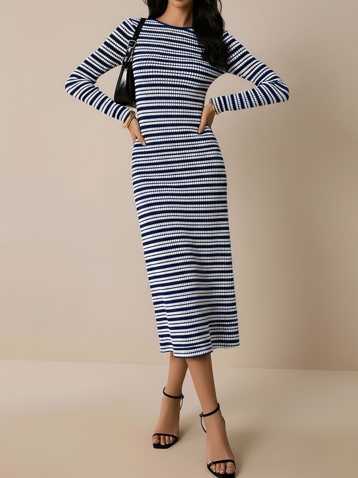 Striped Round Neck Thick Knitted Below-the-knee Dress