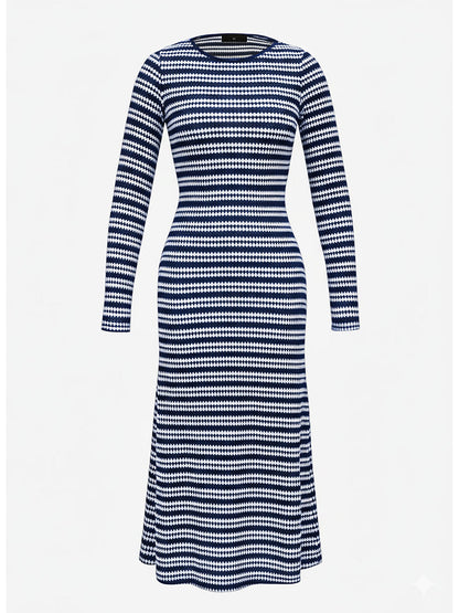 Striped Round Neck Thick Knitted Below-the-knee Dress