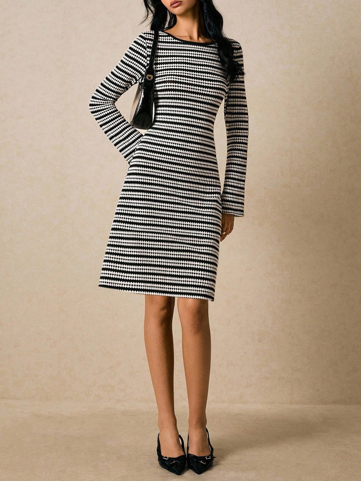 Striped Round Neck Knit Bell Sleeve Midi Dress
