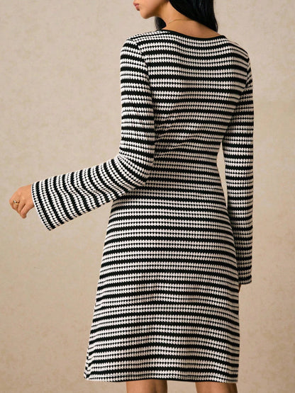 Striped Round Neck Knit Bell Sleeve Midi Dress