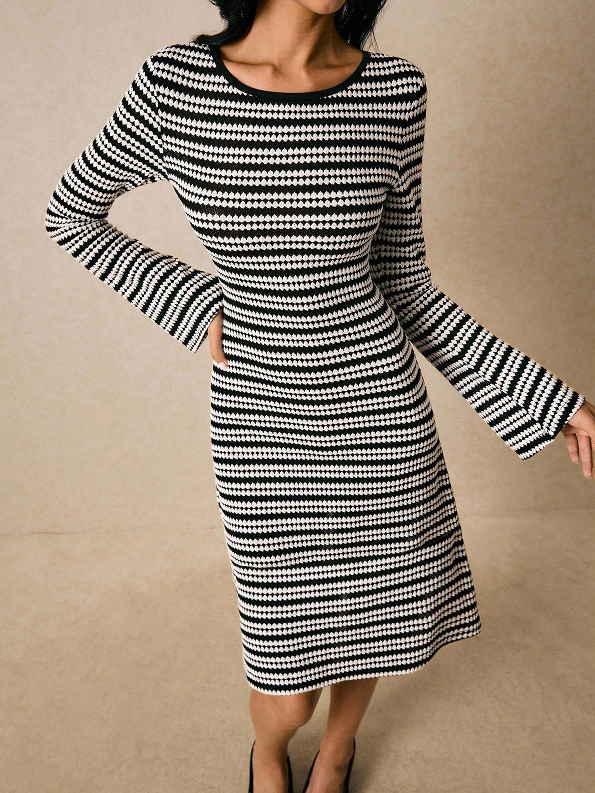 Striped Round Neck Knit Bell Sleeve Midi Dress