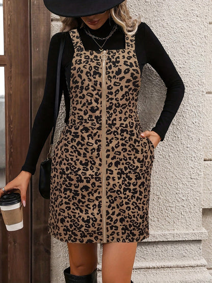 Leopard Print Front Zipper Sleeveless Pockets Mini Dress