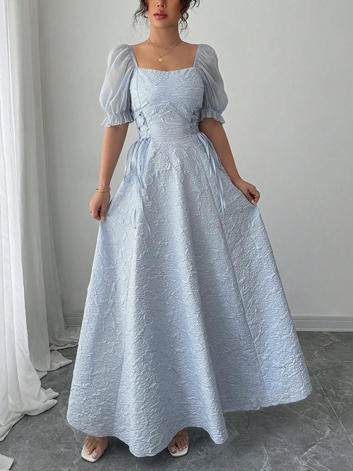Square Neck Puff Sleeves Textured A-Line Dress