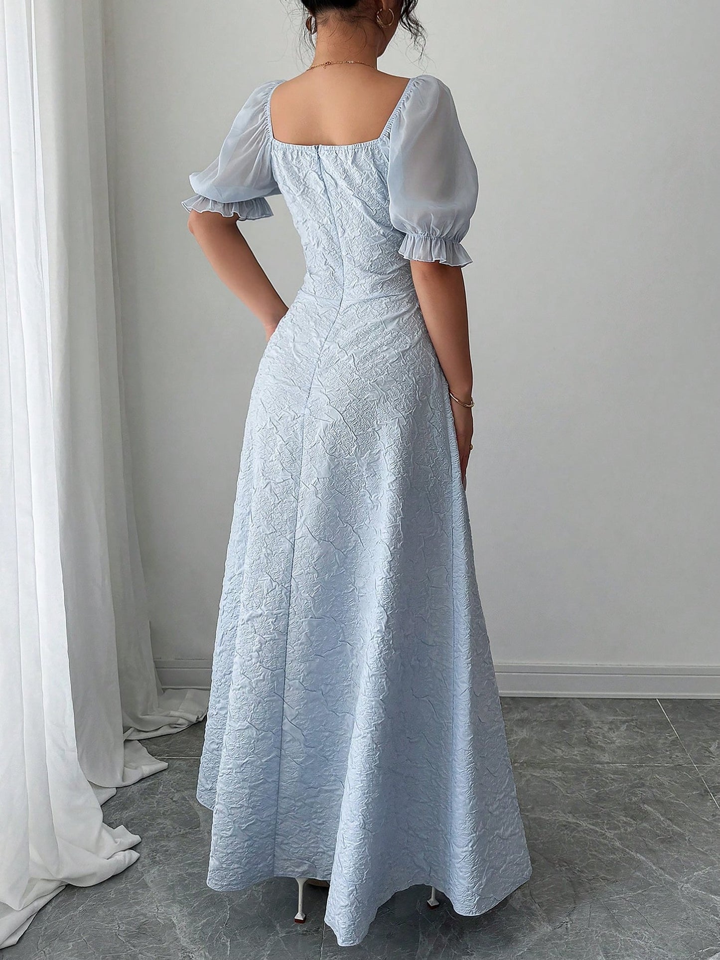 Square Neck Puff Sleeves Textured A-Line Dress