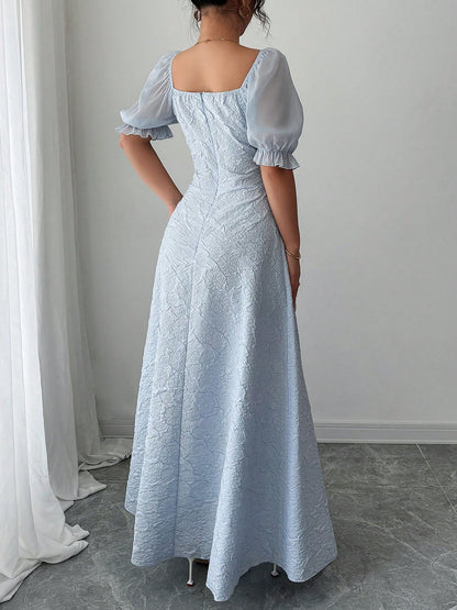 Square Neck Puff Sleeves Textured A-Line Dress