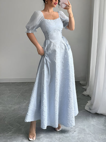 Square Neck Puff Sleeves Textured A-Line Dress