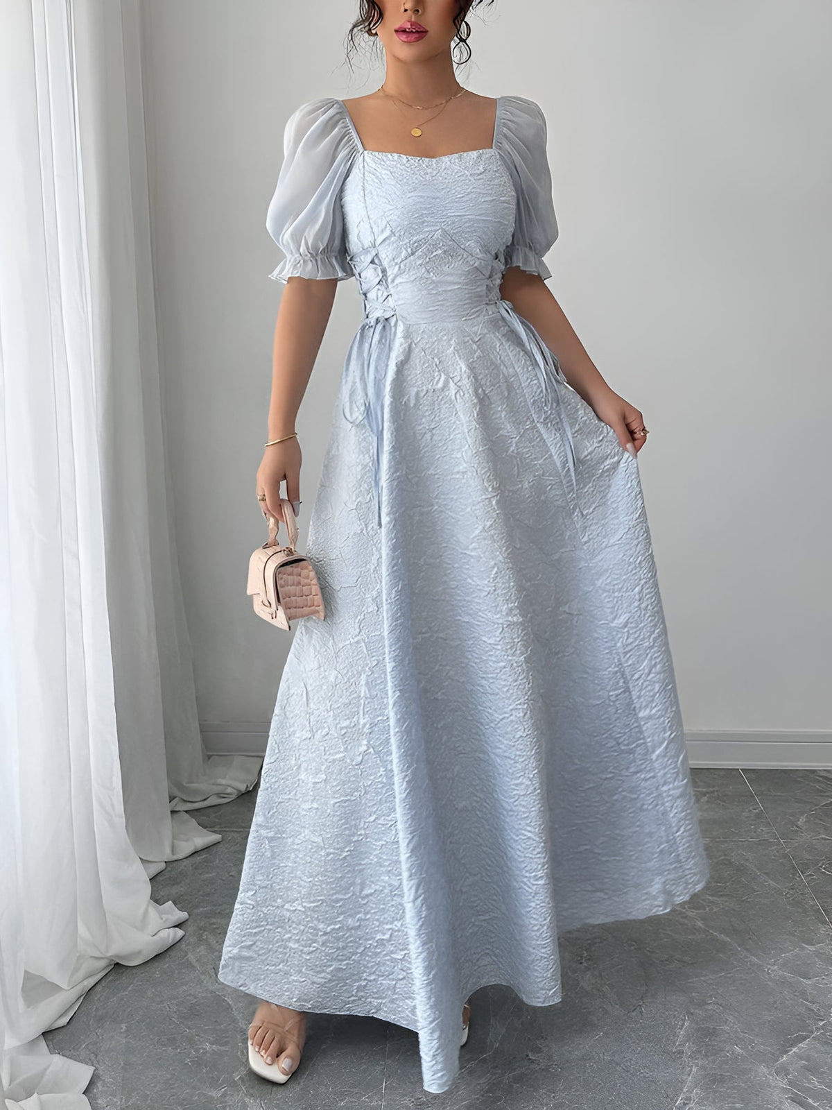Square Neck Puff Sleeves Textured A-Line Dress