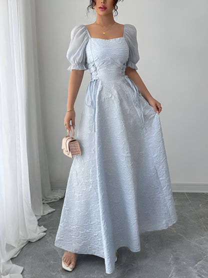 Square Neck Puff Sleeves Textured A-Line Dress
