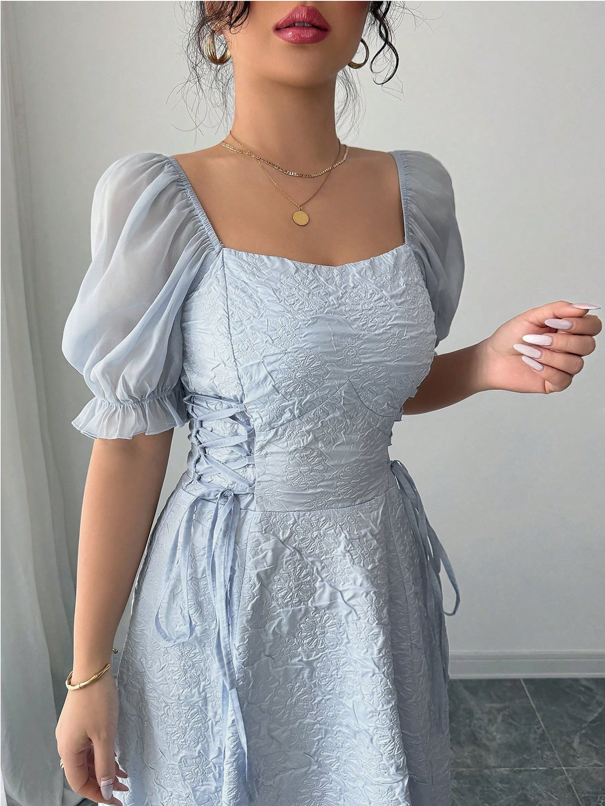Square Neck Puff Sleeves Textured A-Line Dress