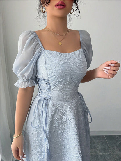 Square Neck Puff Sleeves Textured A-Line Dress