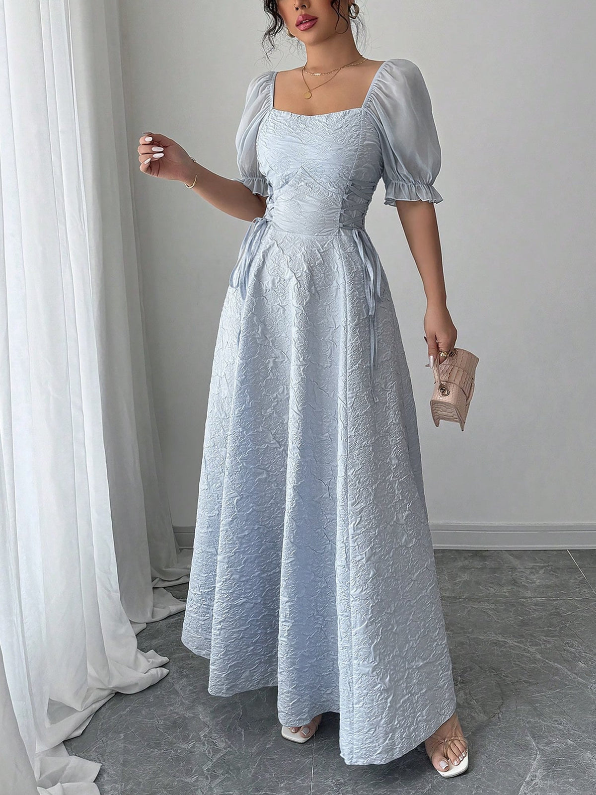 Square Neck Puff Sleeves Textured A-Line Dress