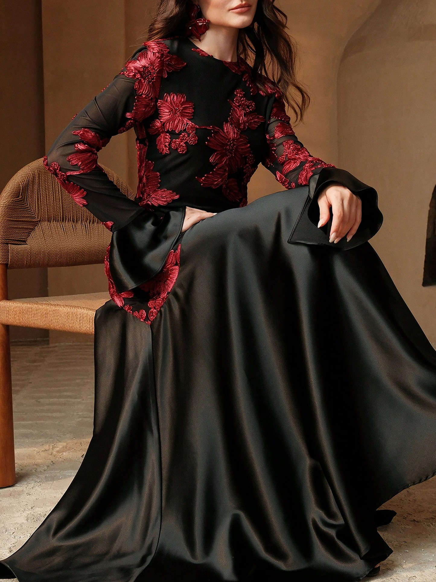 Floral Patchwork Long Sleeve Satin Maxi Evening Dress