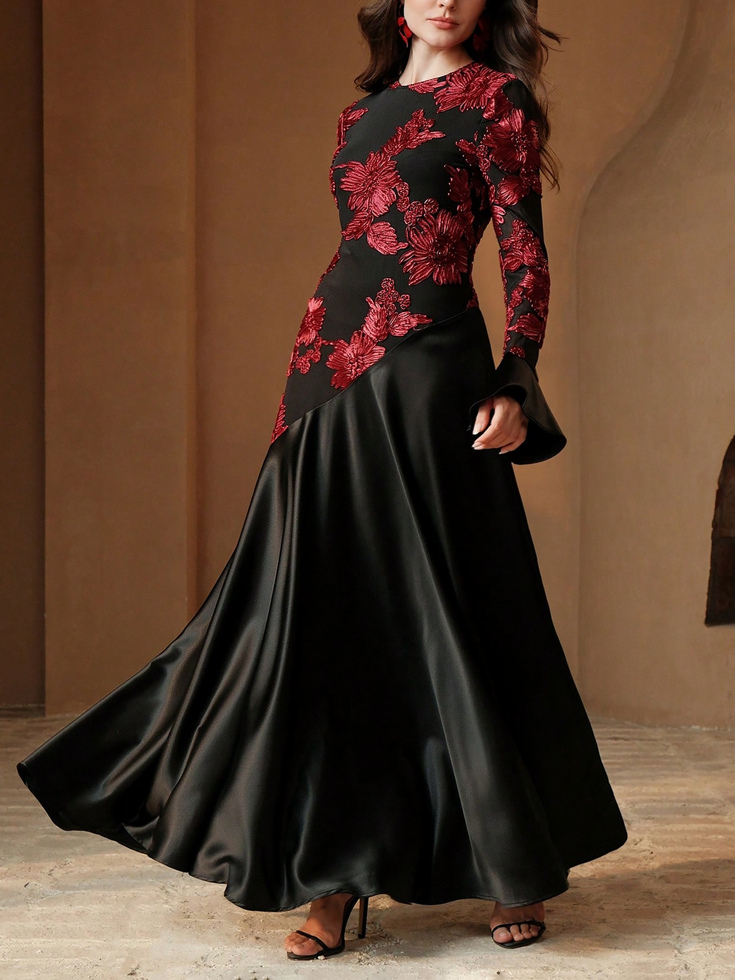 Floral Patchwork Long Sleeve Satin Maxi Evening Dress