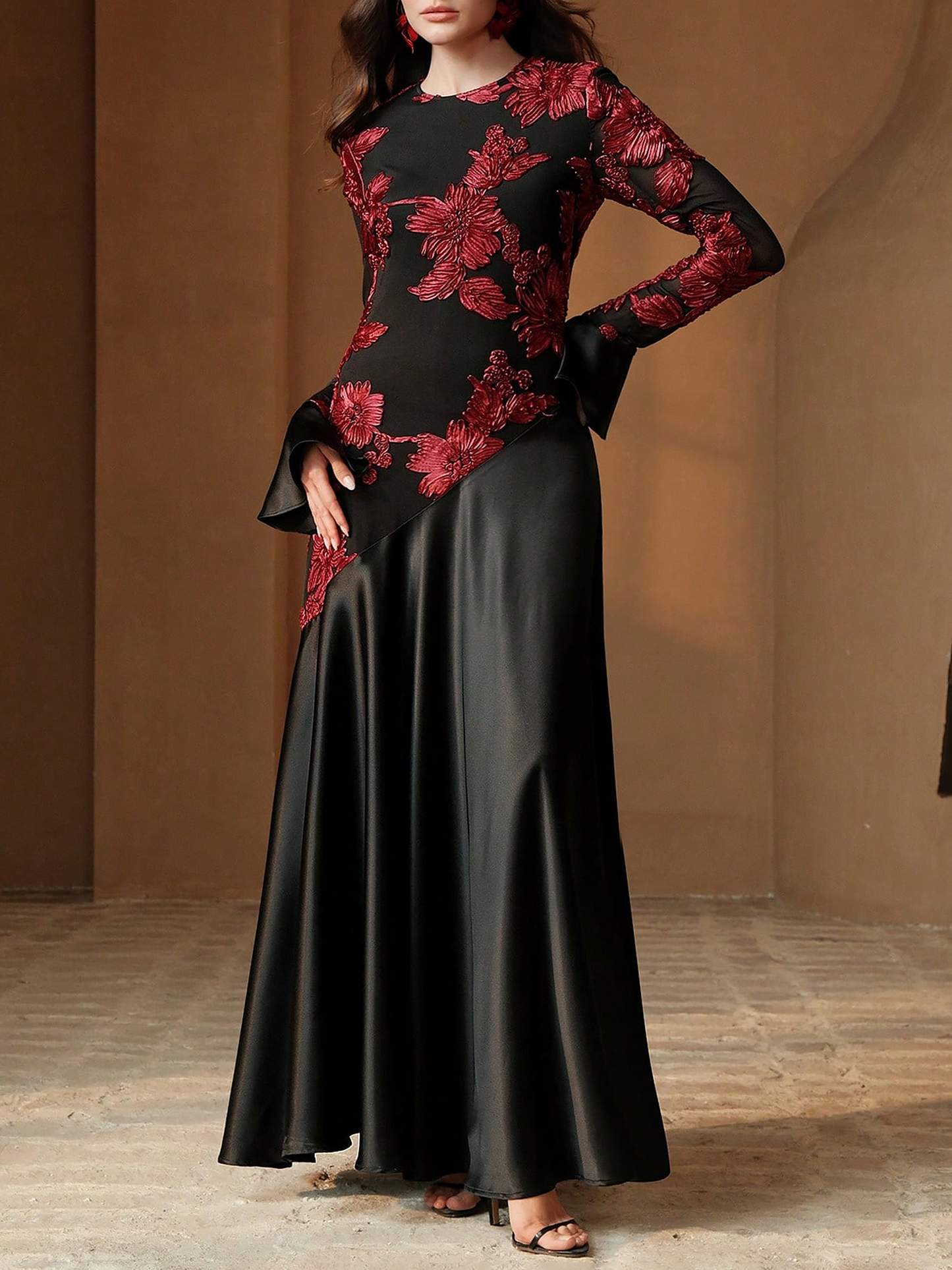 Floral Patchwork Long Sleeve Satin Maxi Evening Dress