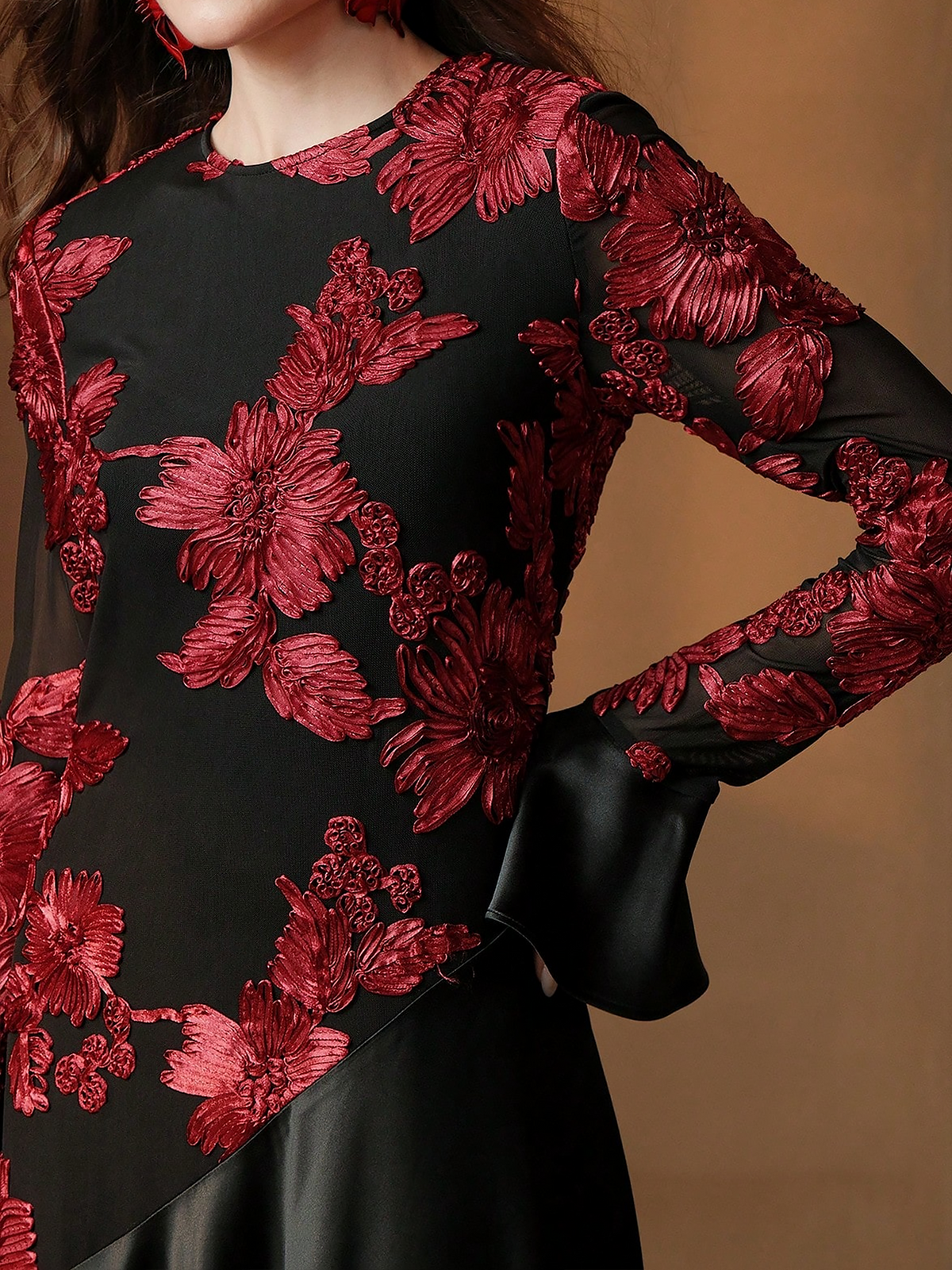Floral Patchwork Long Sleeve Satin Maxi Evening Dress