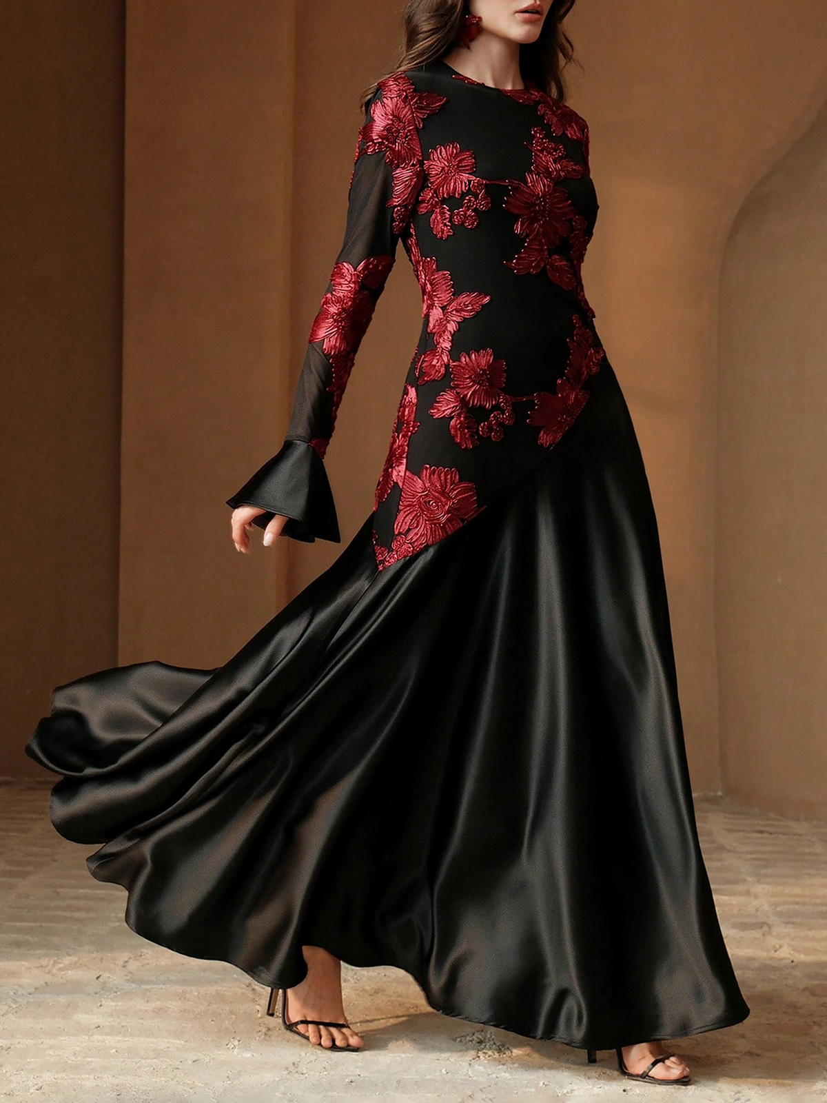 Floral Patchwork Long Sleeve Satin Maxi Evening Dress