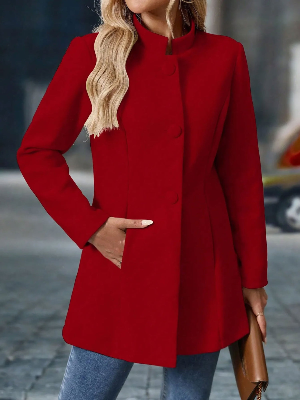 Stand-Up Collar Long Sleeves Fully Lined Pea Coat