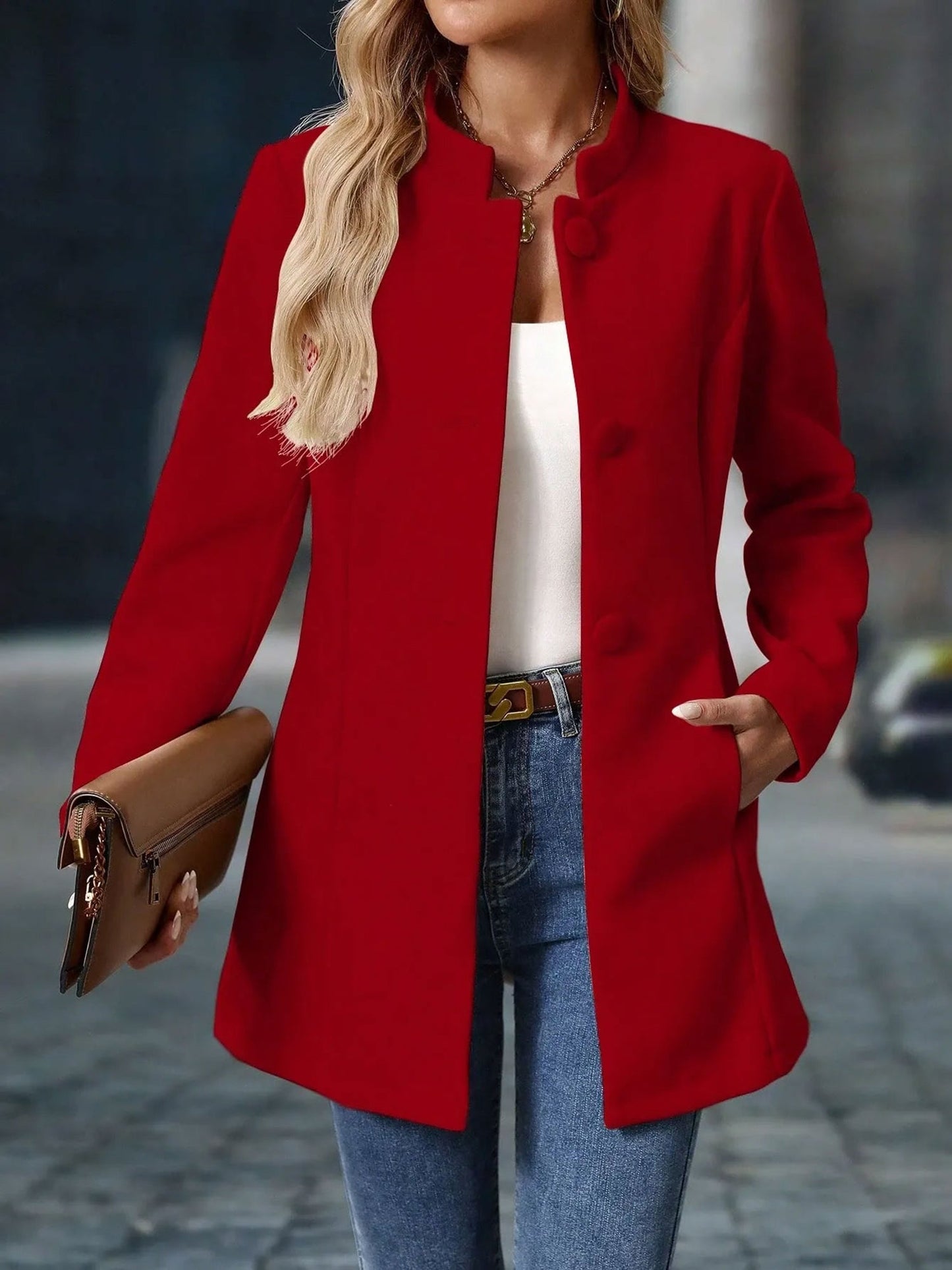 Stand-Up Collar Long Sleeves Fully Lined Pea Coat
