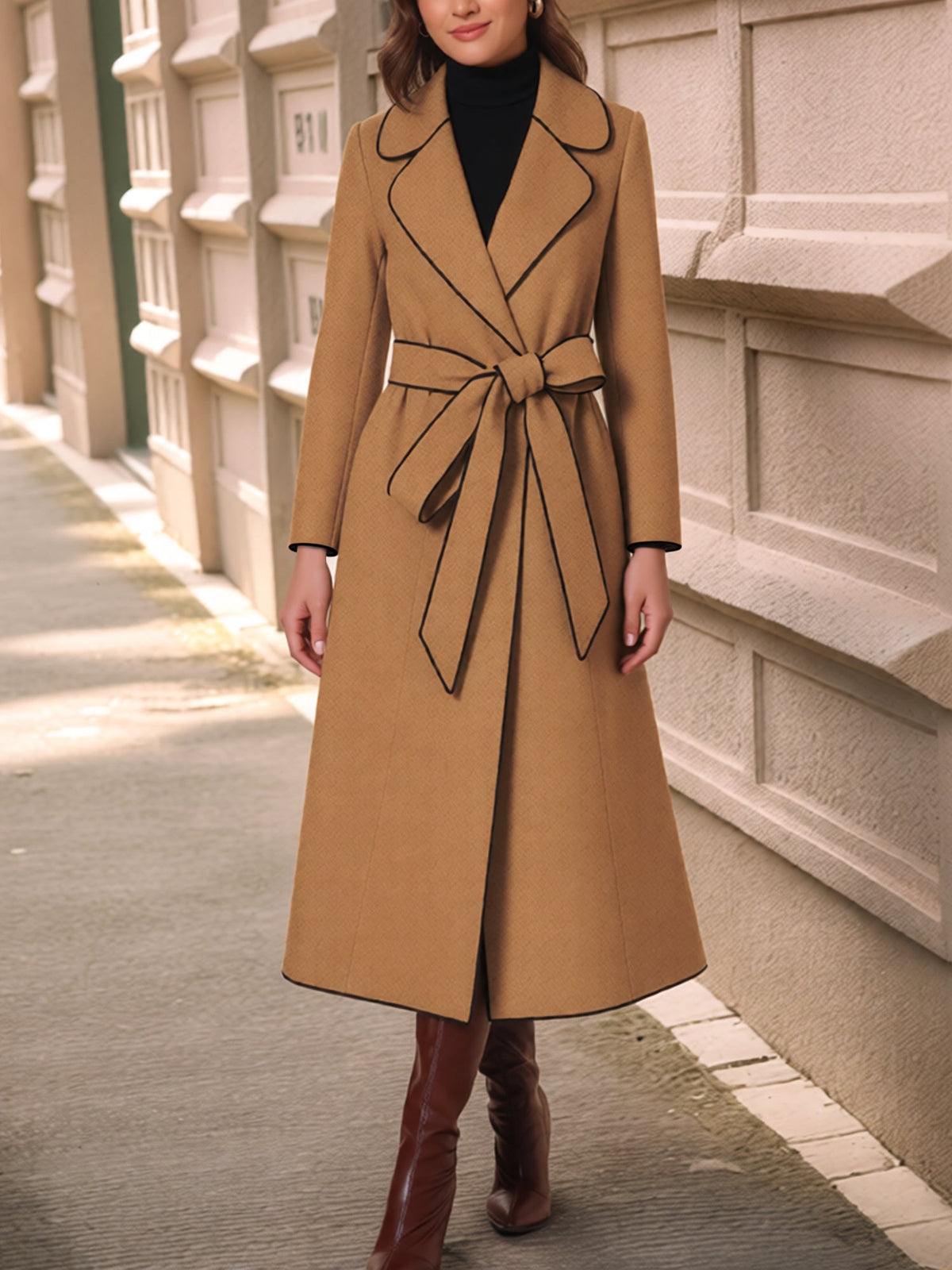 Notched Lapel Long Sleeves Belted Maxi Length Coat