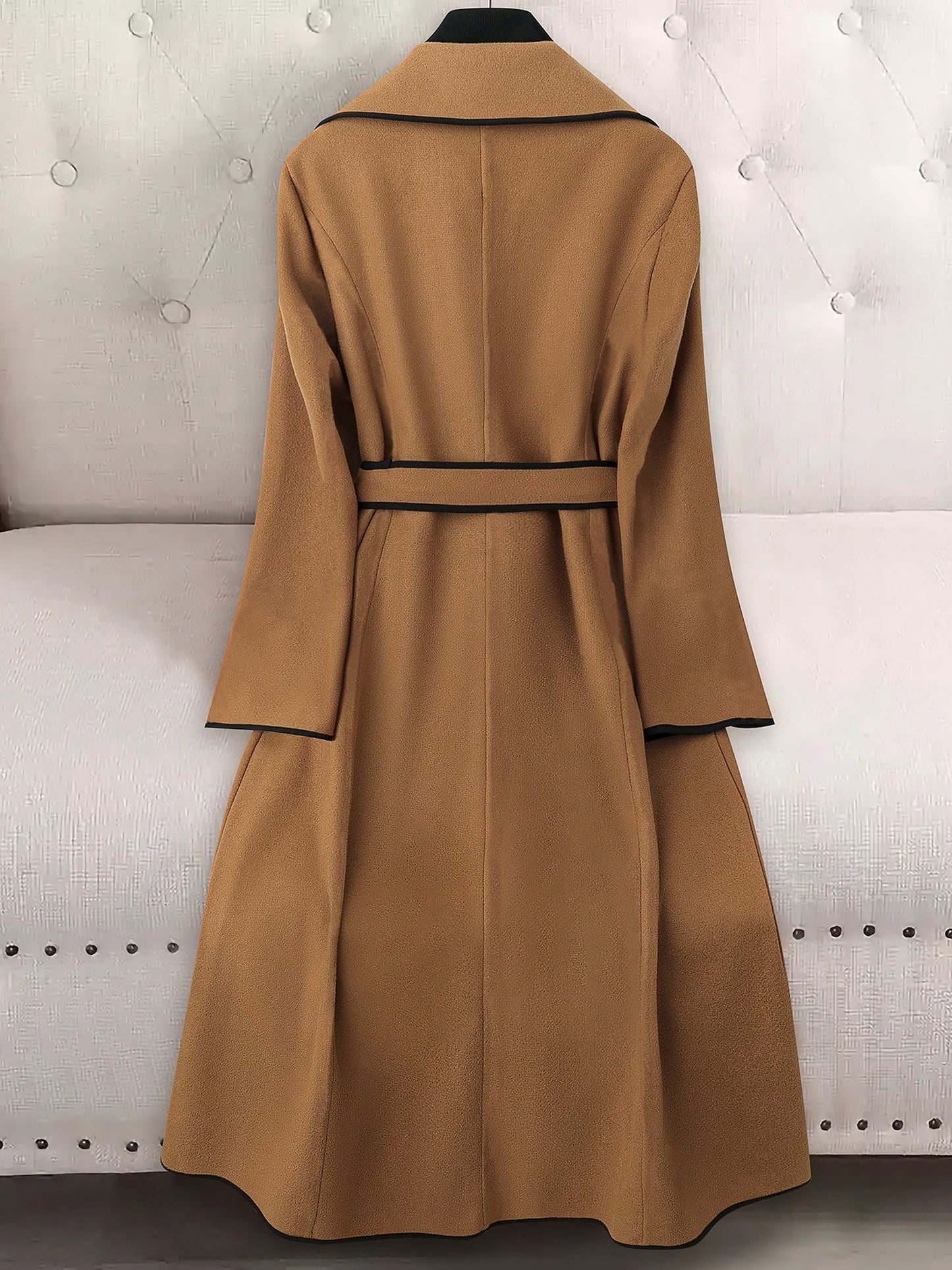 Notched Lapel Long Sleeves Belted Maxi Length Coat
