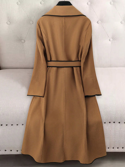 Notched Lapel Long Sleeves Belted Maxi Length Coat