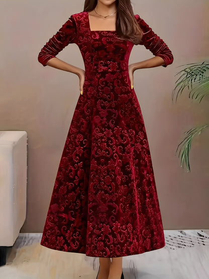 Floral Jacquard Long Sleeve Square Neck Velvet A-Line Dress