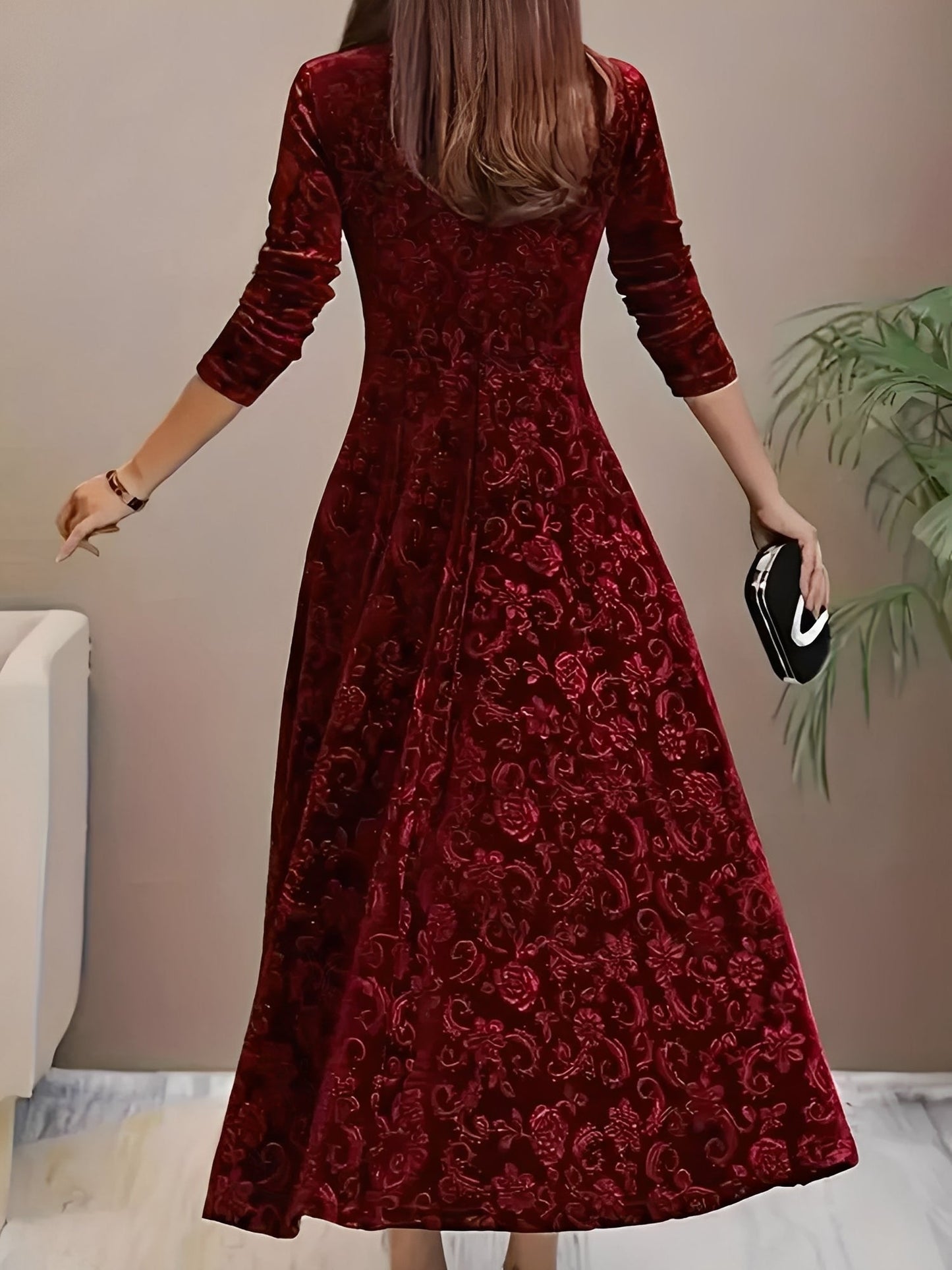Floral Jacquard Long Sleeve Square Neck Velvet A-Line Dress