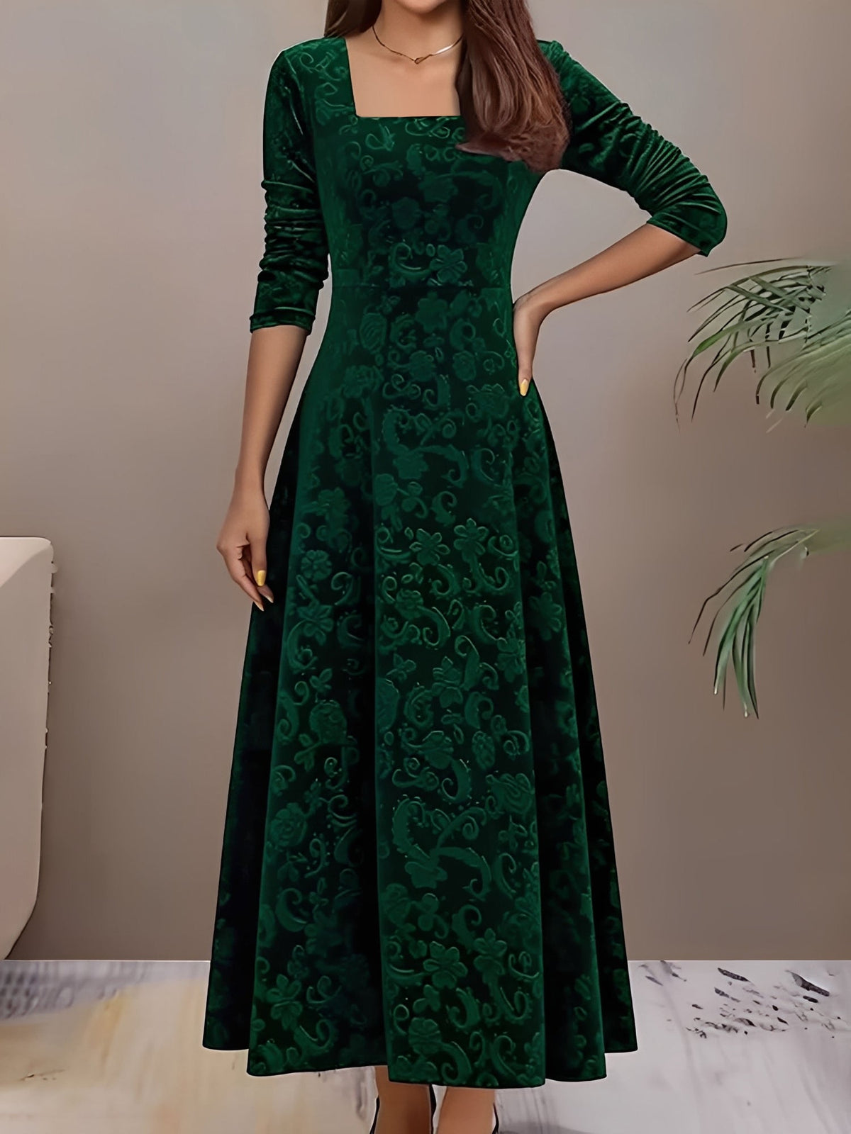 Floral Jacquard Long Sleeve Square Neck Velvet A-Line Dress