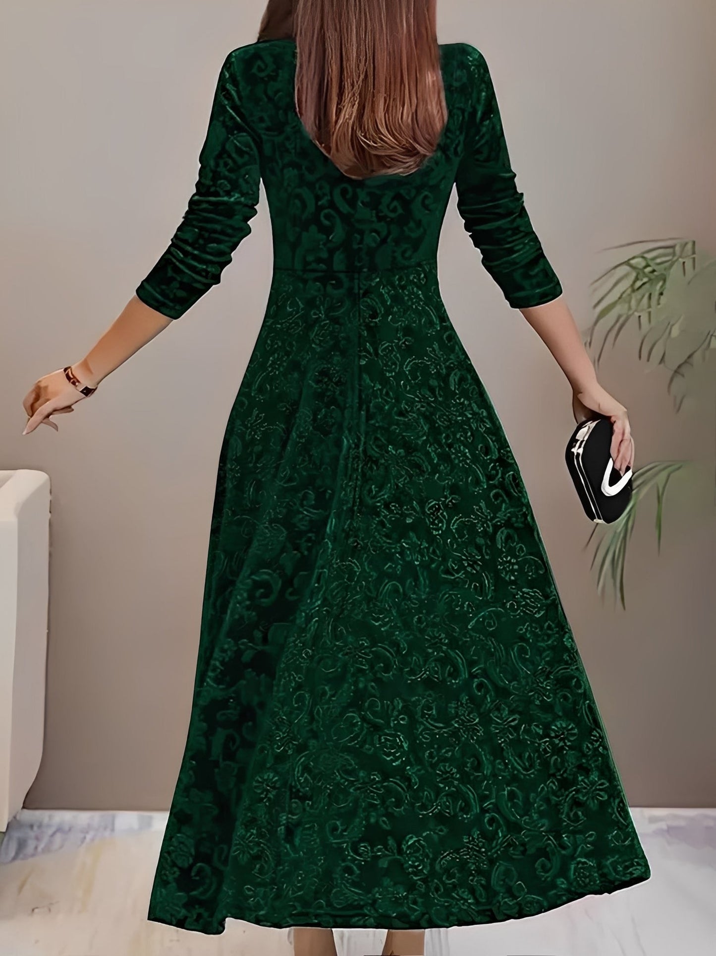 Floral Jacquard Long Sleeve Square Neck Velvet A-Line Dress