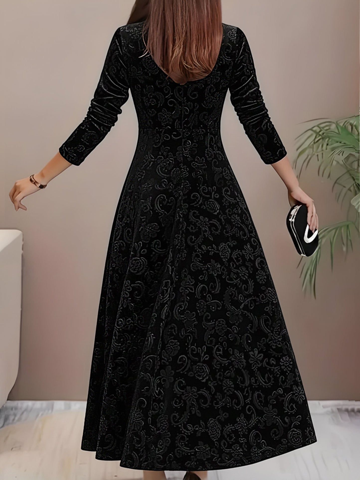 Floral Jacquard Long Sleeve Square Neck Velvet A-Line Dress
