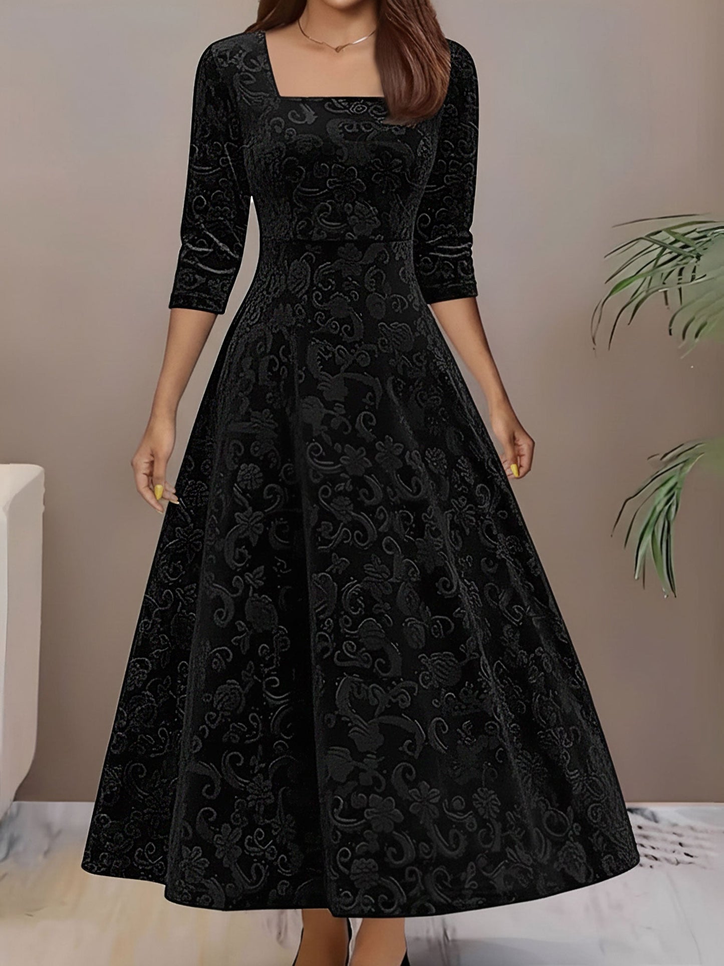 Floral Jacquard Long Sleeve Square Neck Velvet A-Line Dress