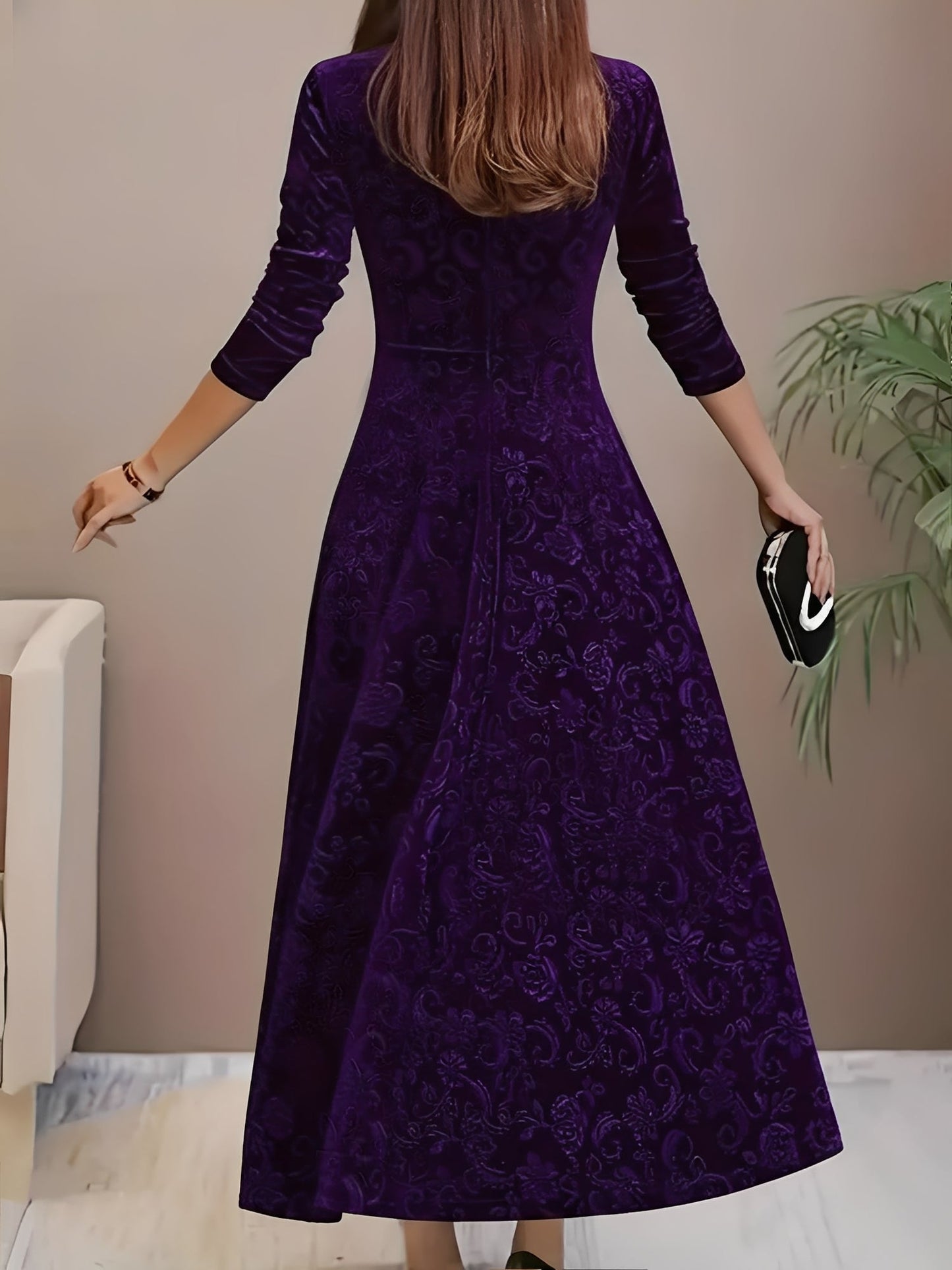 Floral Jacquard Long Sleeve Square Neck Velvet A-Line Dress