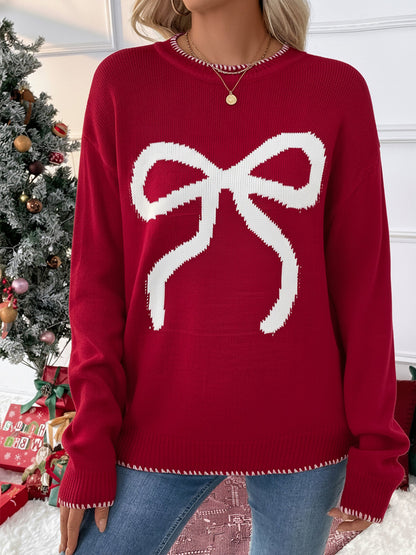 Loose Long Sleeve Round Neck Christmas Bow Sweater