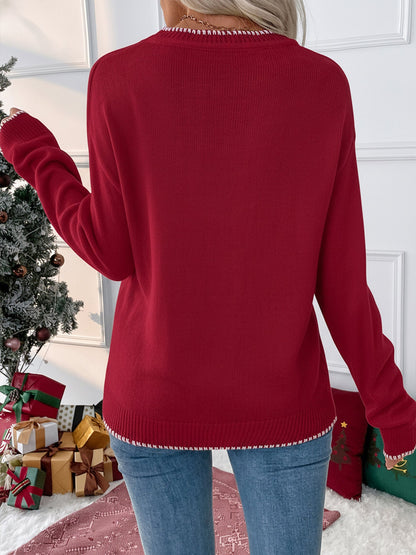 Loose Long Sleeve Round Neck Christmas Bow Sweater