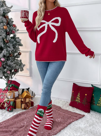 Loose Long Sleeve Round Neck Christmas Bow Sweater