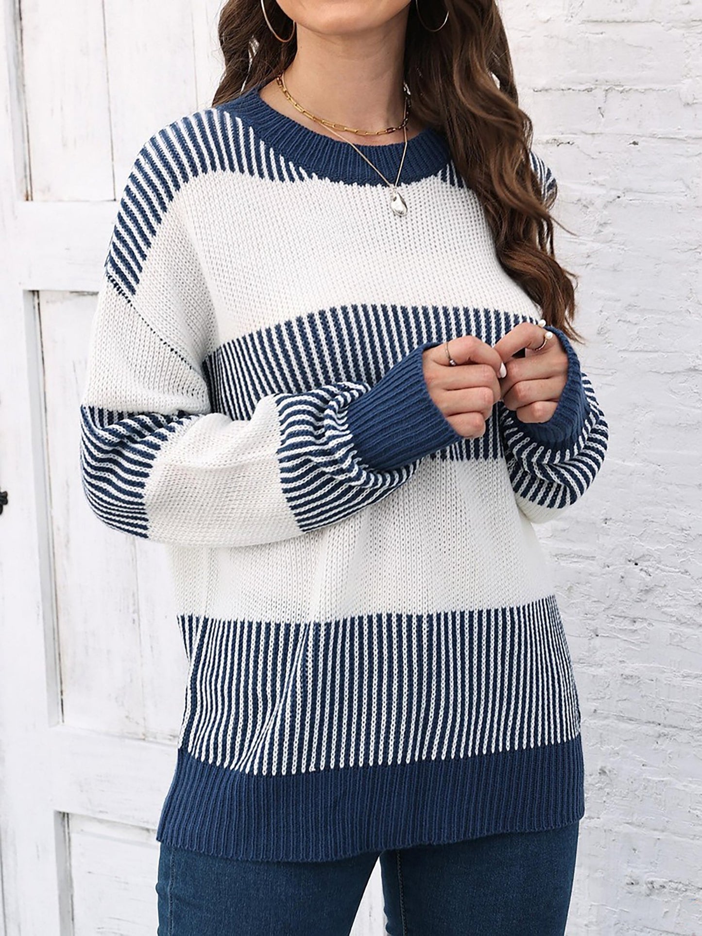 Casual Loose Fit Striped Knitted Pullover Sweater