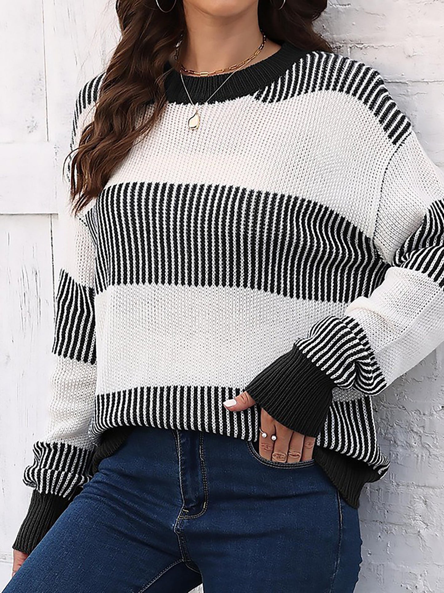 Casual Loose Fit Striped Knitted Pullover Sweater