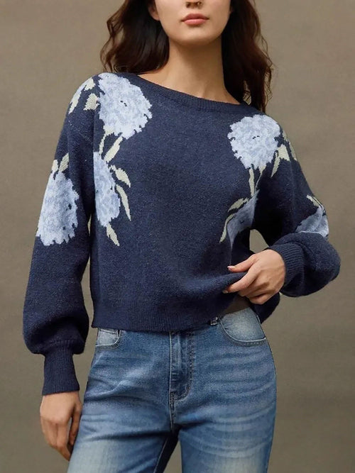 Floral Boat Neck Long Sleeves Pullover Sweater