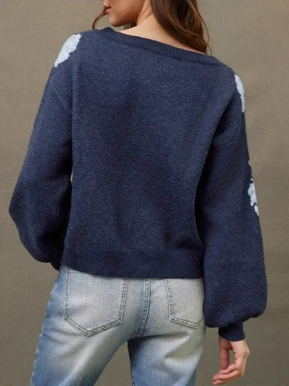 Floral Boat Neck Long Sleeves Pullover Sweater