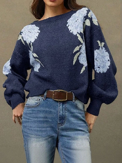 Floral Boat Neck Long Sleeves Pullover Sweater