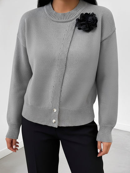 Solid Color Button Front Flower Decor Knitted Sweater
